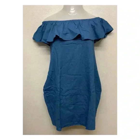 🆕Solid Ruffled Denim Shift Dress S 🆕 - Picture 2 of 5